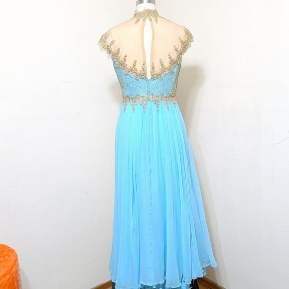 Vintage 1960's Mike Benet Aqua Chiffon Embellished Gown SZ M - Picture 5 of 10